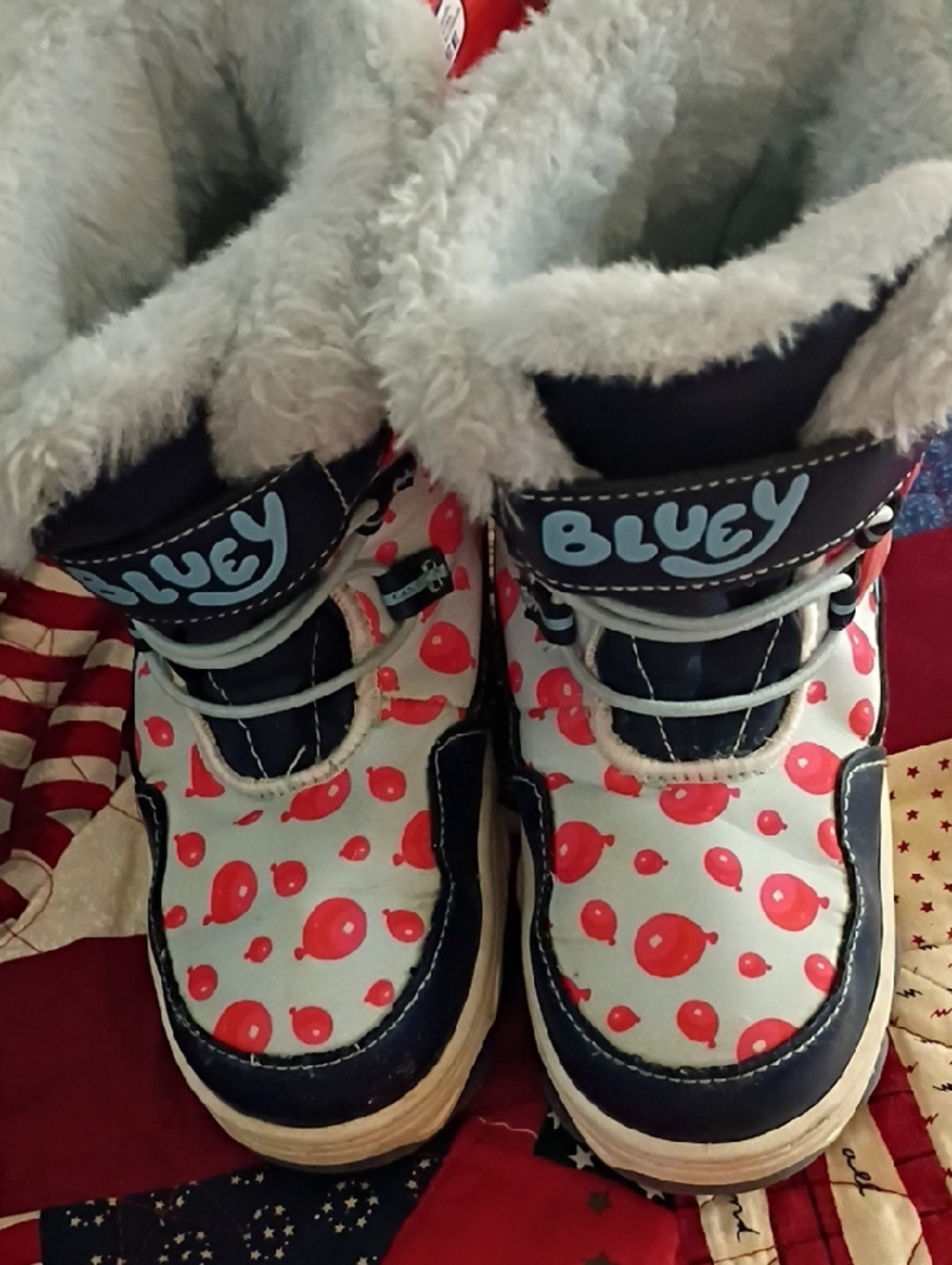 Bluey Kids Winter Boots in White with Red Dot Pattern
